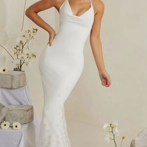 Oh Polly Us — Cowl Neck Embellished Satin Maxi Dress in White